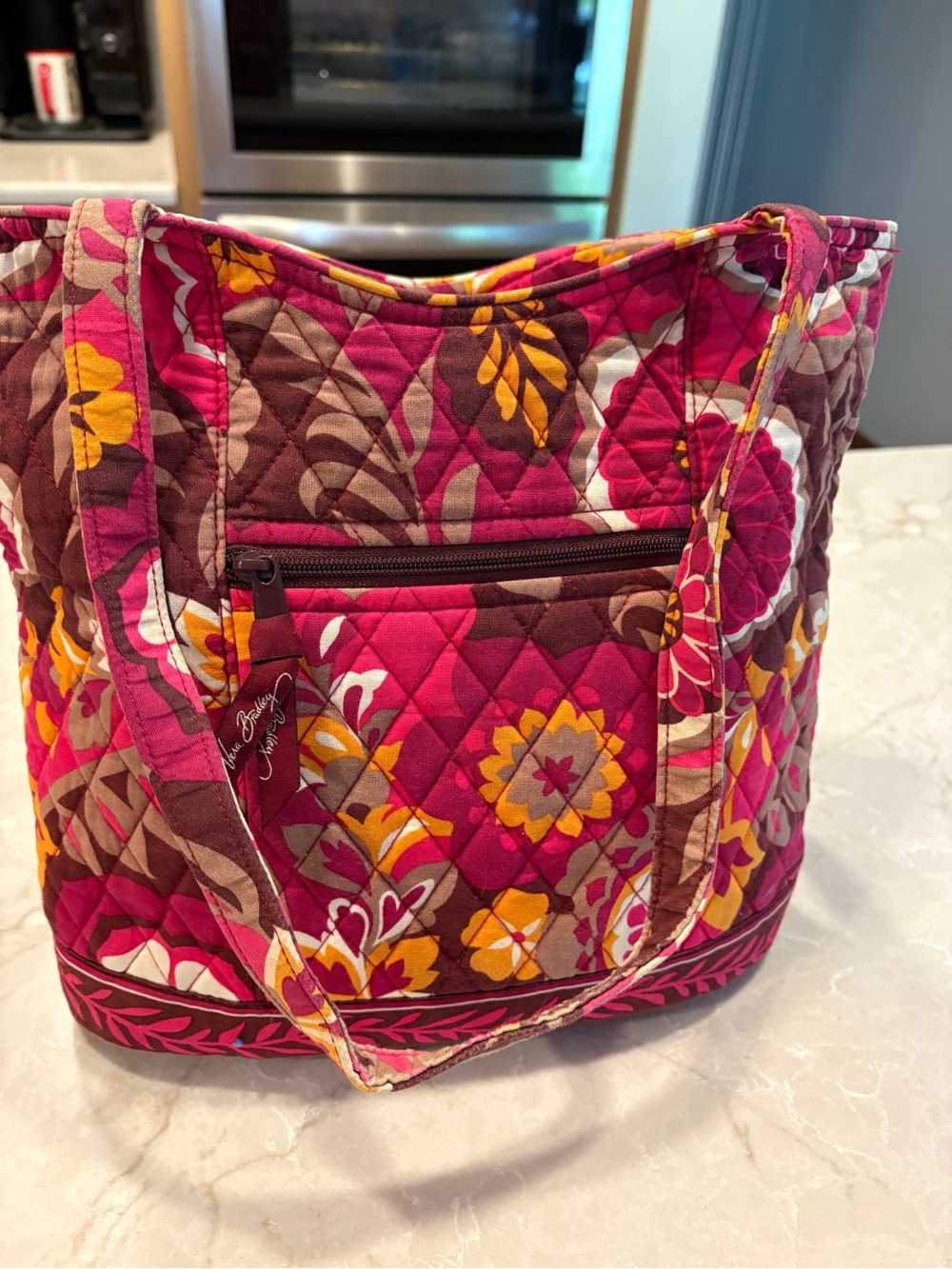 Vera Bradley Magenta Floral Quilted Tote with Yellow Accents